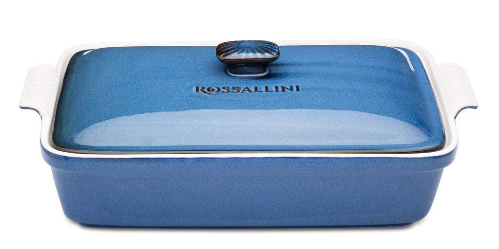ROSSALLINI Stoneware Casserole Dish Bakeware Set with Lid, Covered Rectangular Dinnerware, Large 3.2 Quart, 11 by 9 Inch, Blu Indaco [Reactive Blue]