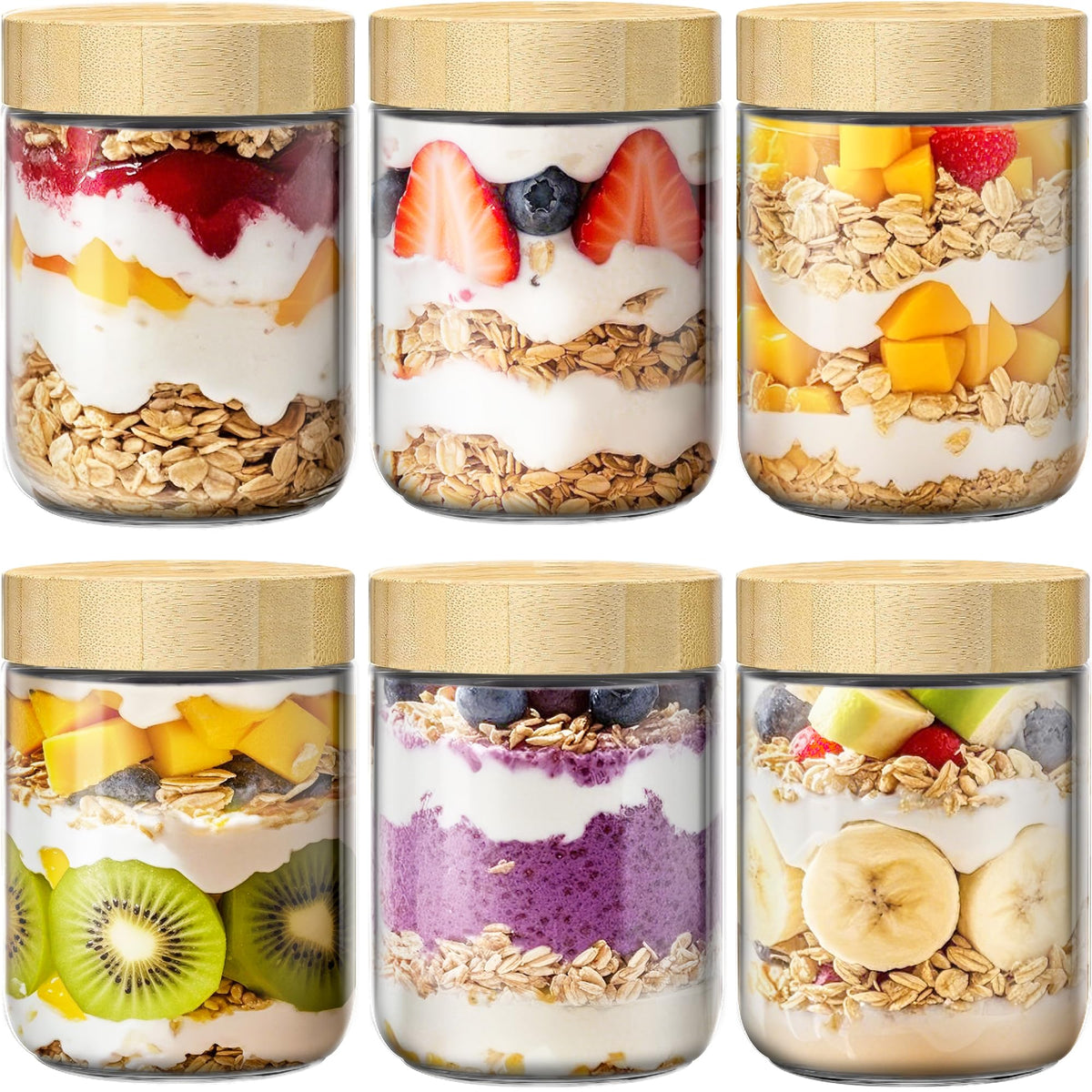10 oz Overnight Oats Containers with Bamboo Lids, Glass Mason Jars 6 Pack
