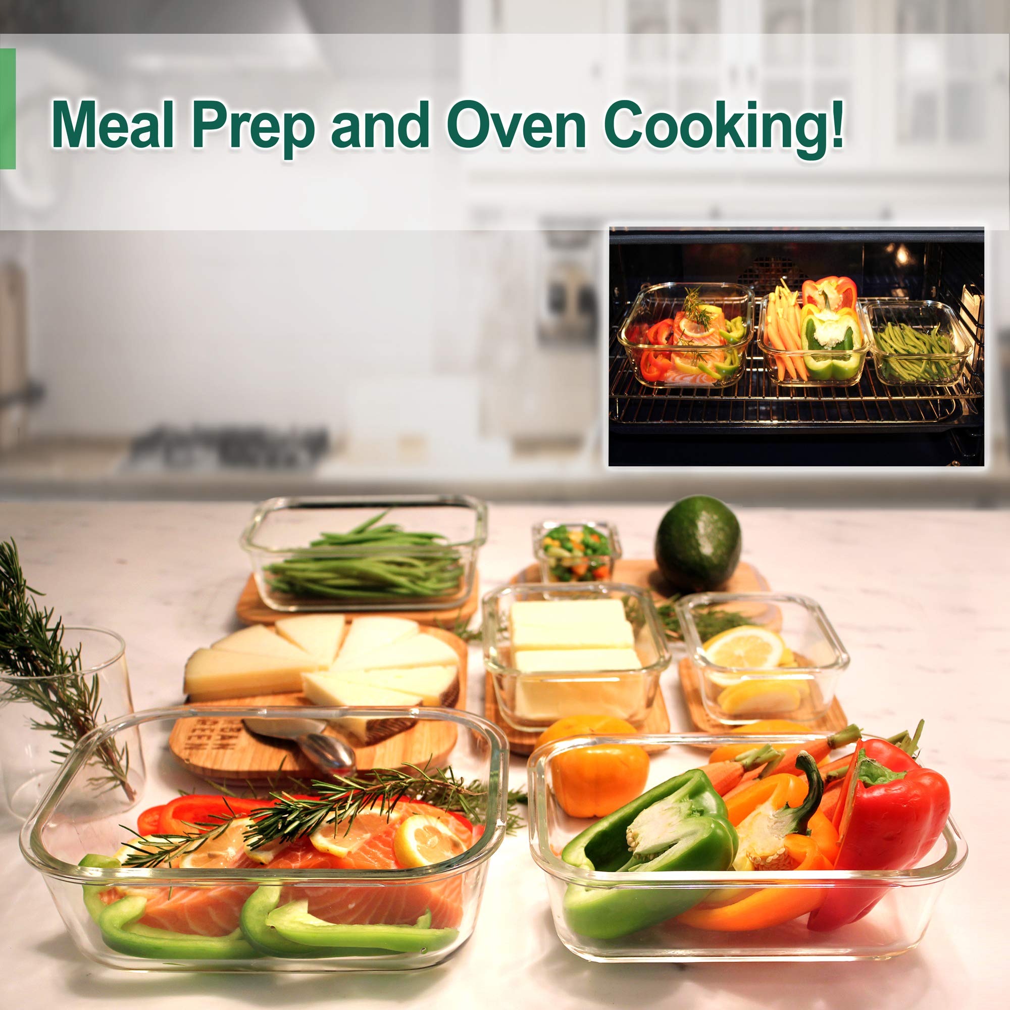 Urban Green Glass Containers with Bamboo Lids, Meal Prep Glass Food storage Container Set, 5 Pack, Pantry & Kitchen Organizer, Microwave, Oven, Freezer Safe