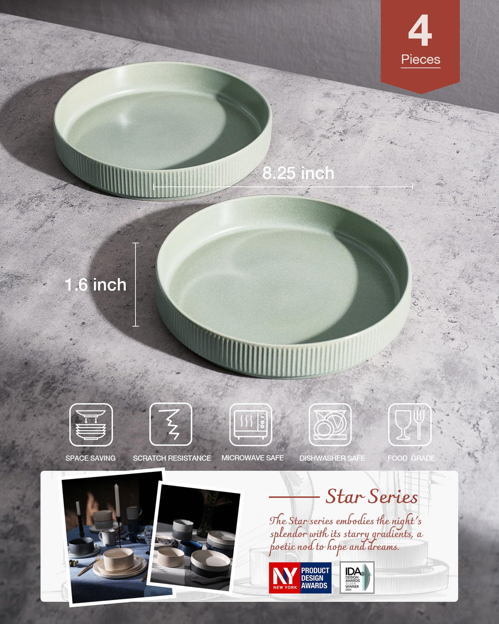 famiware Star 8.25" Pasta Bowls Set of 4, Bowl Plates, Light Green