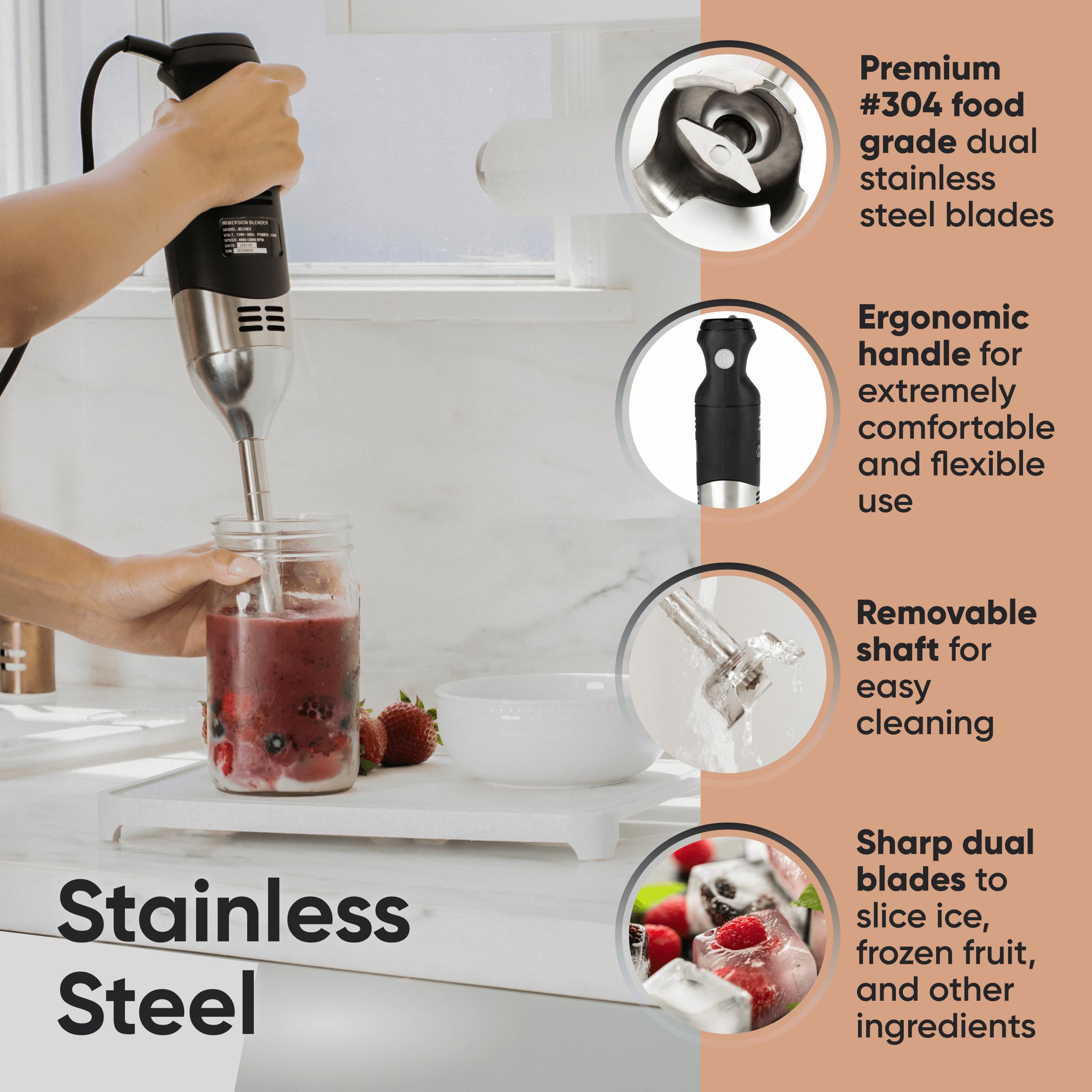 TK Handheld Immersion Blender 220W - 8-Speed, Commercial Grade - 7" Shaft