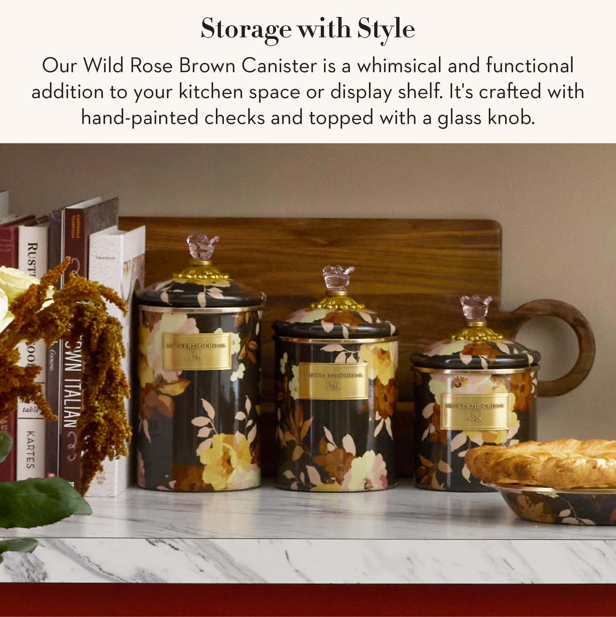 MACKENZIE-CHILDS Enamel Canister, Small, Wild Rose Brown
