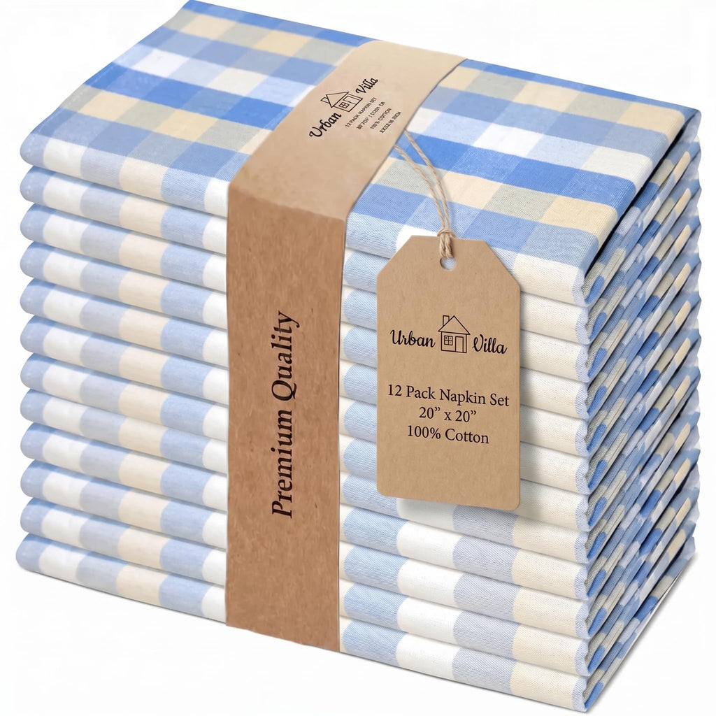 Urban Villa Cloth Napkins Cotton 20x20 (Set of 12) Blue Sand Checks