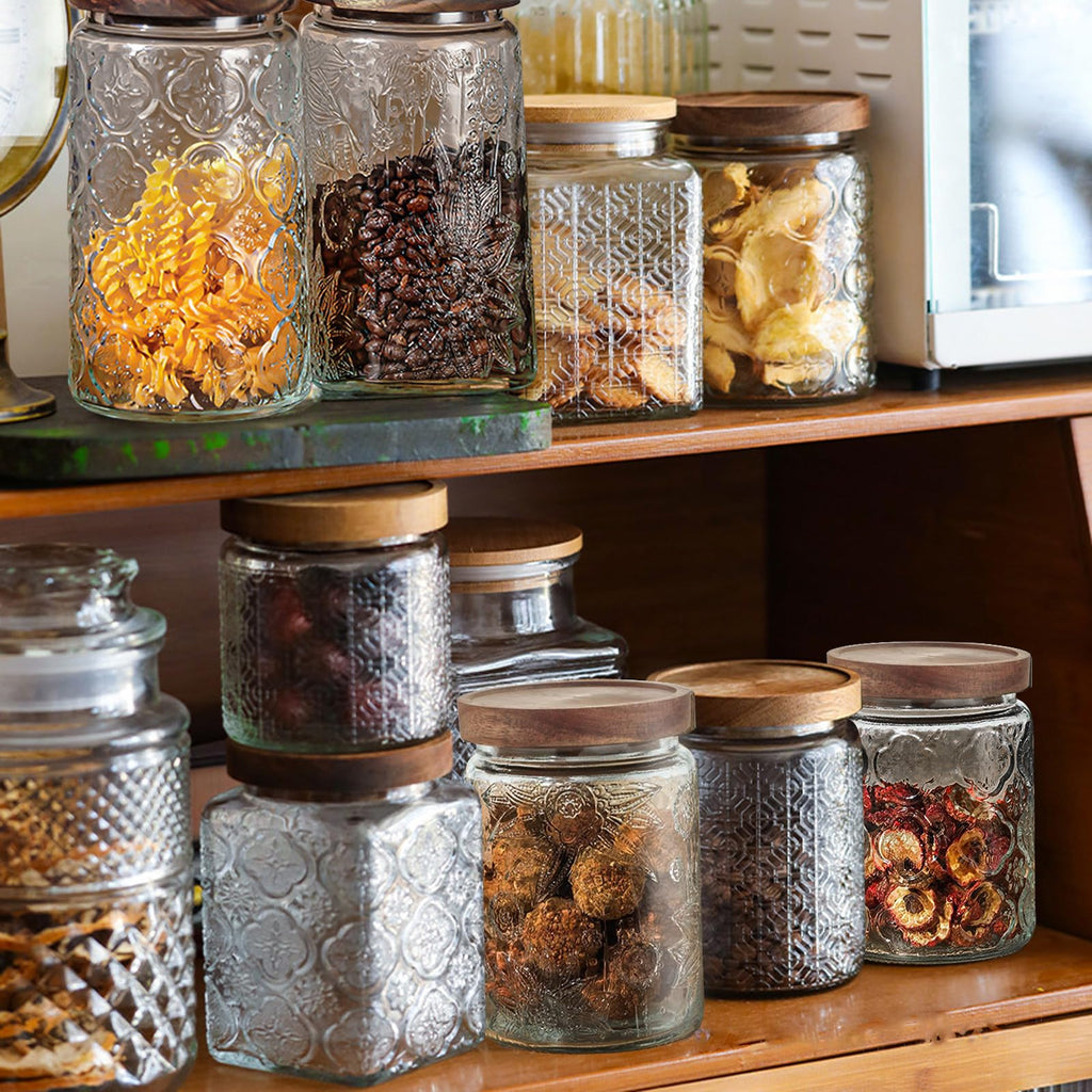 24 OZ/4 PCS Glass Storage Jar with Airtight Bamboo Wooden Lids, Vintage Food Containers Canisters Sets for Kitchen Counter Pantry, Sugar, Flour, Candy, Tea, Coffee Beans, Oats, Grain Bin, Pasta,