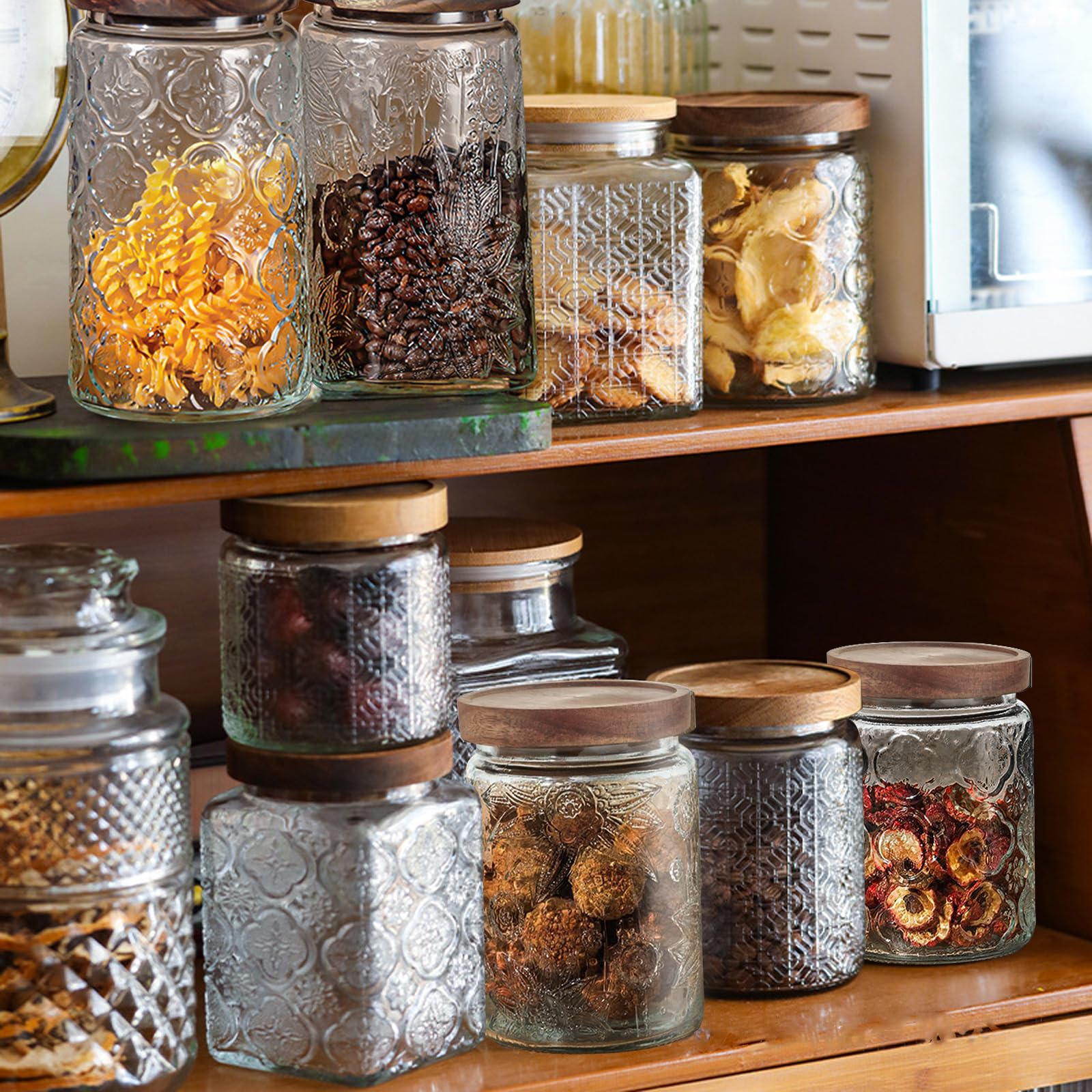 24 OZ/4 PCS Glass Storage Jar with Airtight Bamboo Wooden Lids, Vintage Food Containers Canisters Sets for Kitchen Counter Pantry, Sugar, Flour, Candy, Tea, Coffee Beans, Oats, Grain Bin, Pasta,