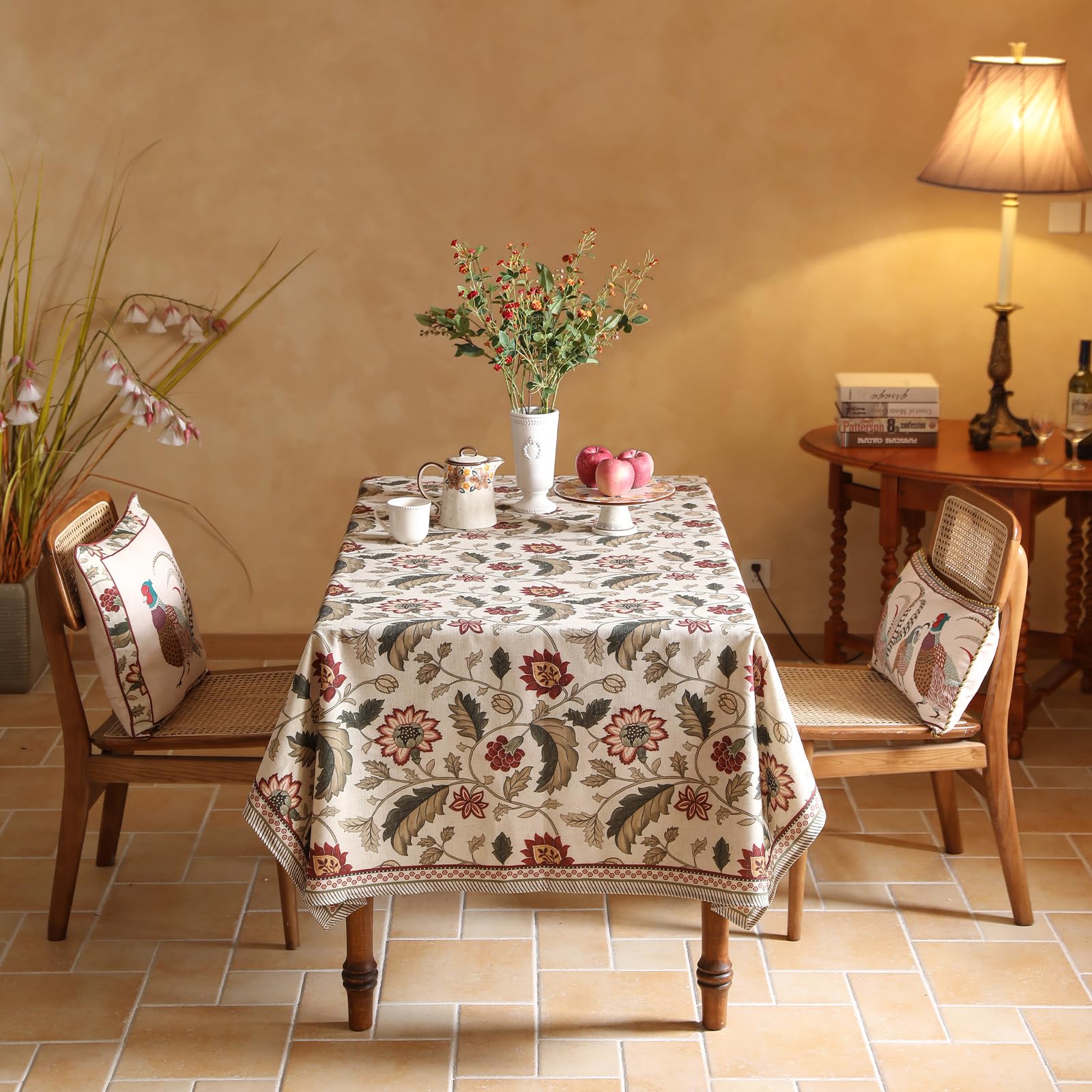 ISAENNE Designer Provence Floral Square Tablecloth,Linen Colorful Washable Indoor Table Cloth,Durable Home Decor Tablecloths for Dining Thanksgiving Kitchen Christmas,67"*67"-Ratina
