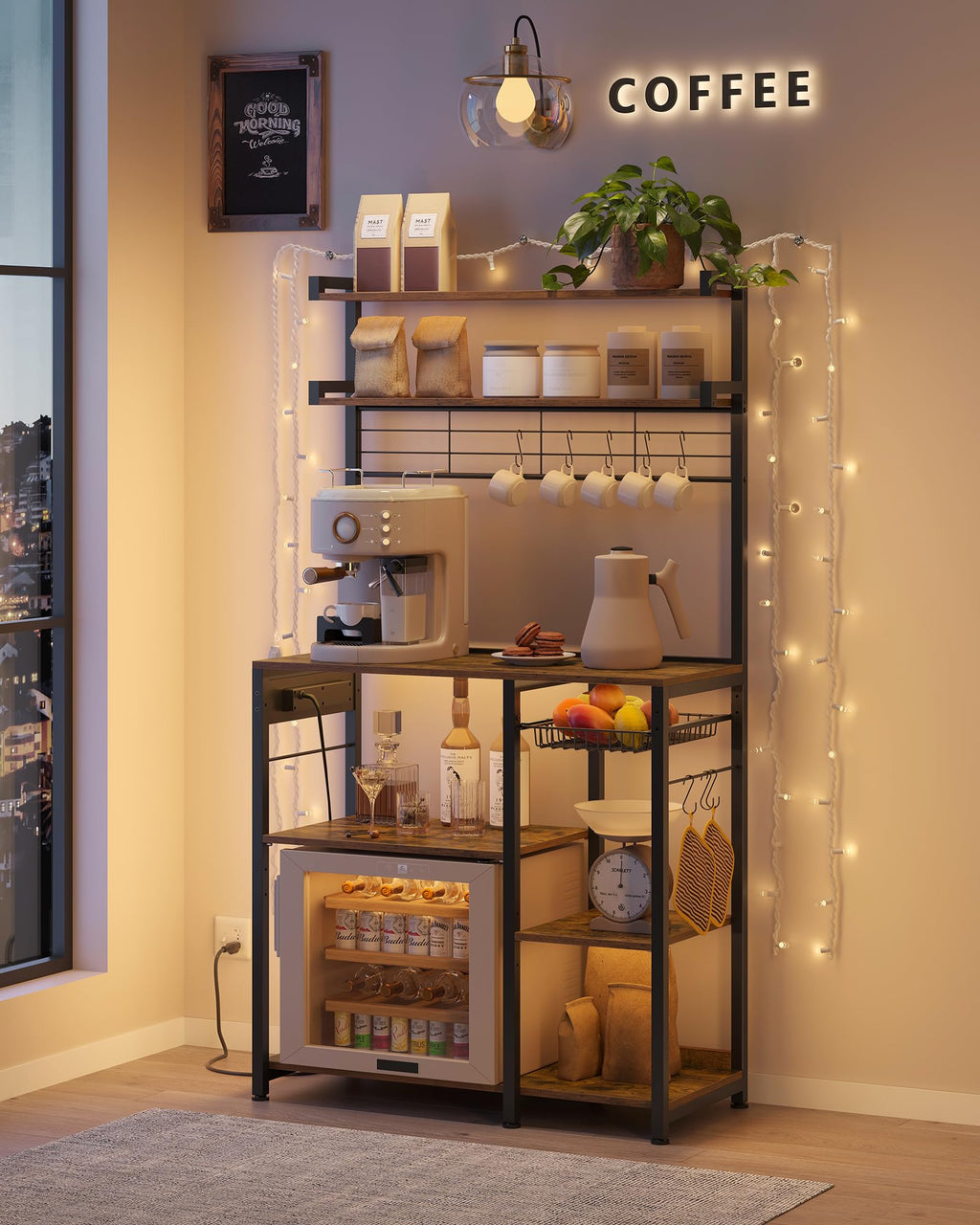 VASAGLE Bakers Rack with Power Outlet, 35.4 Inches Microwave Stand, Coffee Bar, 4 AC Outlets, with Adjustable Shelves, 8 S-Hooks, Basket, Spice Racks, Rustic Brown and Ink Black UKKS031K01