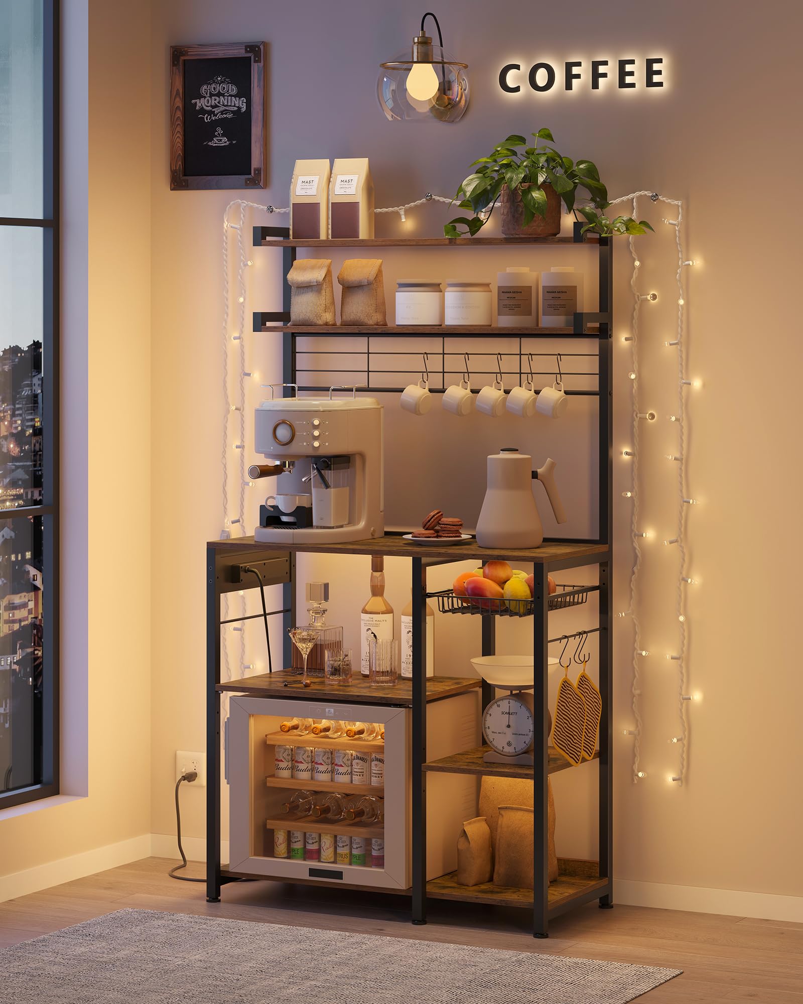 VASAGLE Bakers Rack with Power Outlet, 35.4 Inches Microwave Stand, Coffee Bar, 4 AC Outlets, with Adjustable Shelves, 8 S-Hooks, Basket, Spice Racks, Rustic Brown and Ink Black UKKS031K01