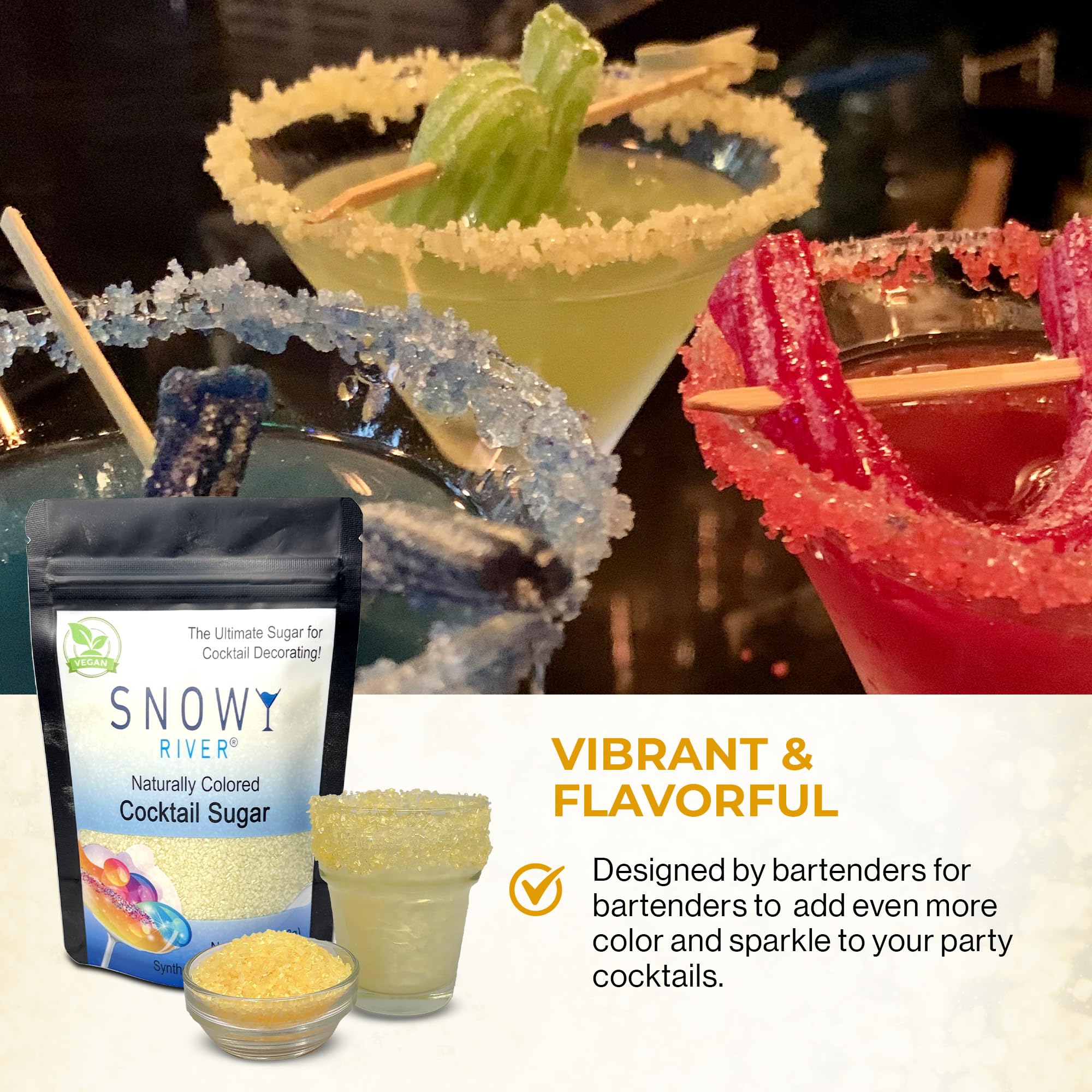 Snowy River Natural Cocktail Sugar Rimmer - Kosher Certified Naturally Colored Beverage Rimming Sugar for Cocktails, Margaritas, Drinks (Gold Shine, 4 Ounce)