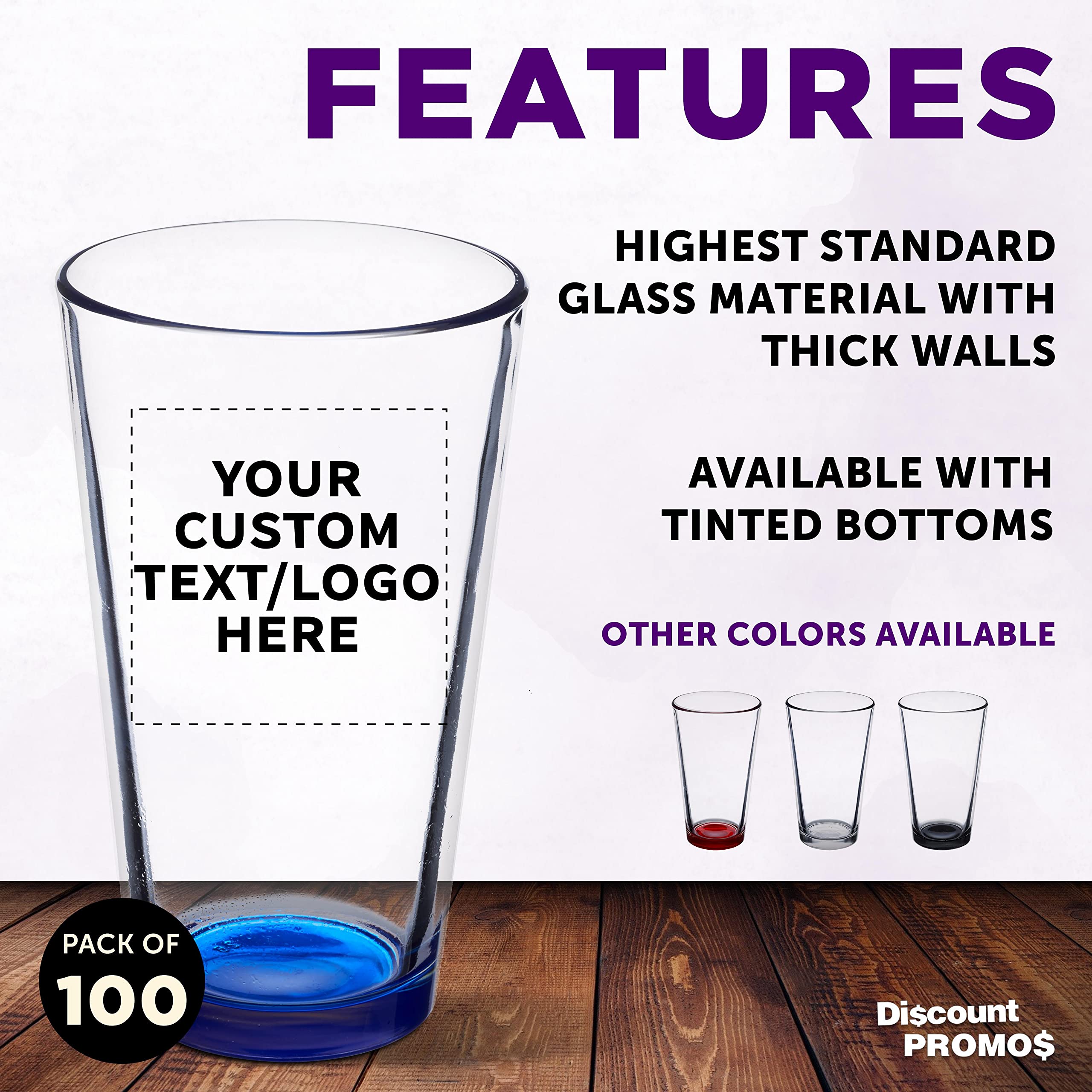 Custom Pint Glass 16 oz. Set of 100, Personalized Bulk Pack - Beer Glasses, Heavy Duty Drinkware - Blue
