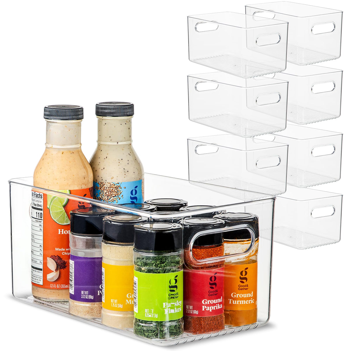 Plastic Food Storage 2 Pack Clear Container Bin with Handles for Organizing Kitchen, Pantry, Refrigerator, Freezer, Pantry, Cabinet, Closet, Bathroom. 16”x8”x5”