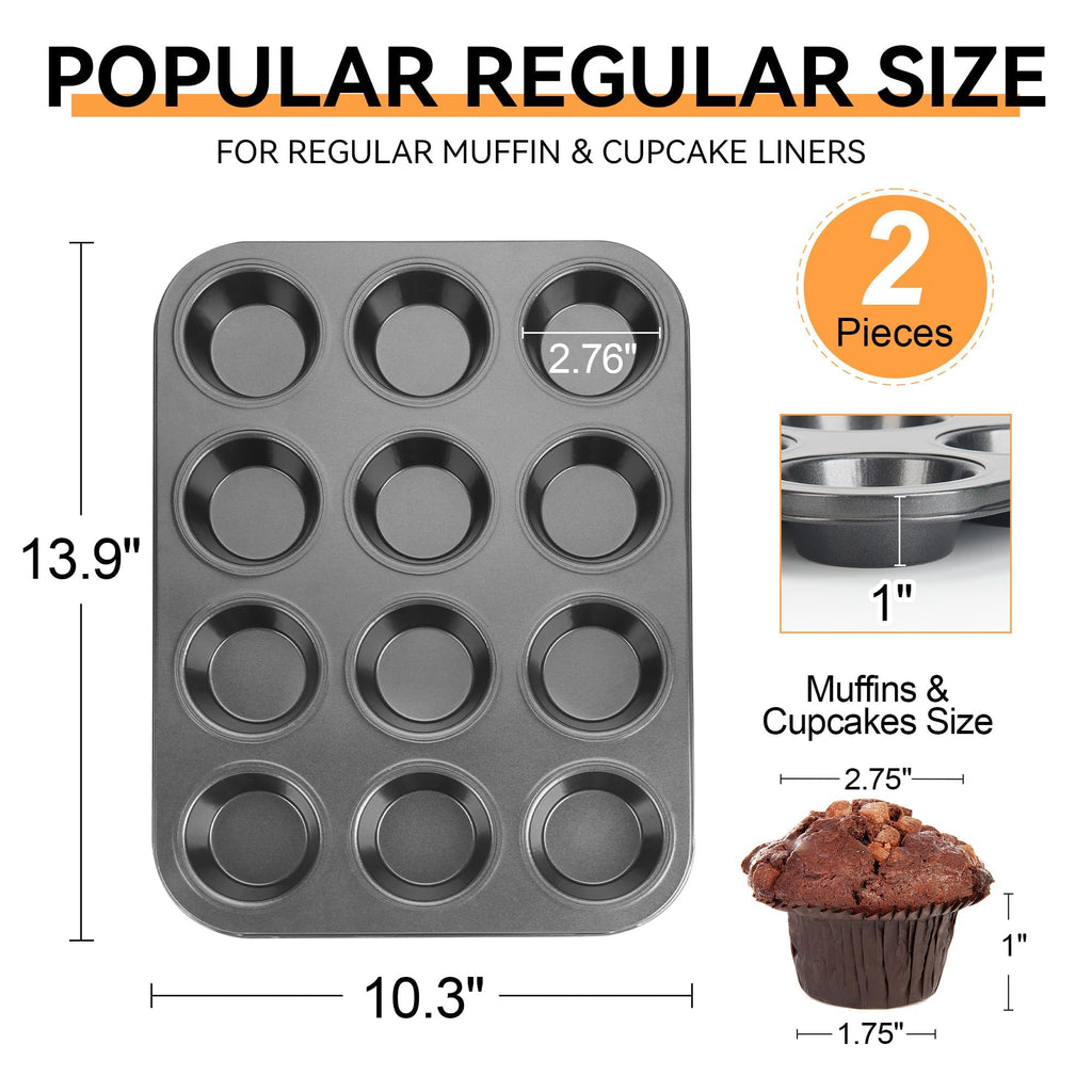 TAOUNOA Muffin Tin, 12-Well Nonstick Cupcake Pan Set of 2, Heavy Duty Steel Muffin Pan
