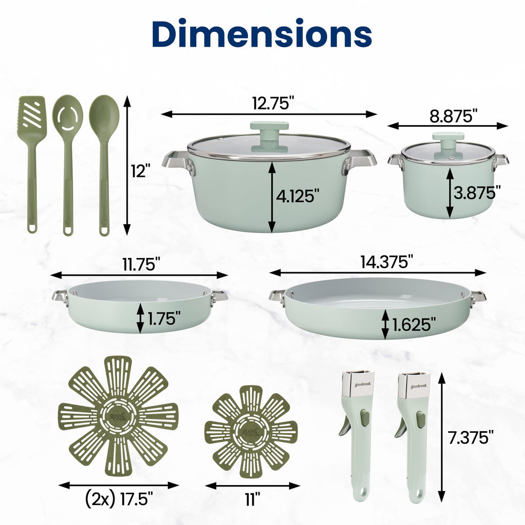 GoodCook Ceramic Cookware Set 14-Piece with Removable Handles, Nonstick Pots & Pans, Induction & Oven Safe, Sage Green