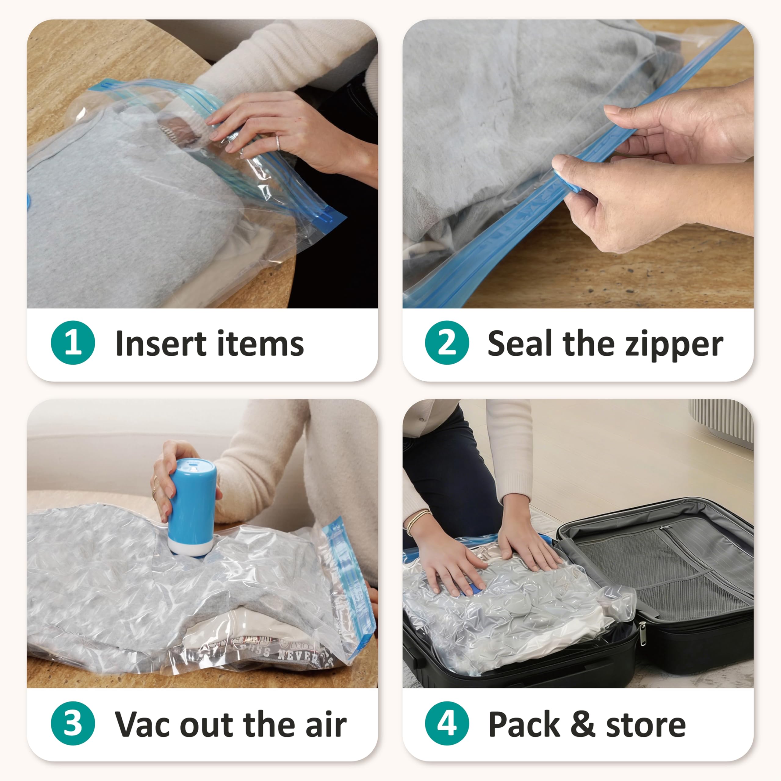 Cozy Essential Travel Vacuum Storage Bags with Rechargeable Cordless USB Pump, Space Saver Bags for Luggage, Suitcase, Carry-On, for Clothes, Blankets, Bedding & Seasonal Storage,30 Combo