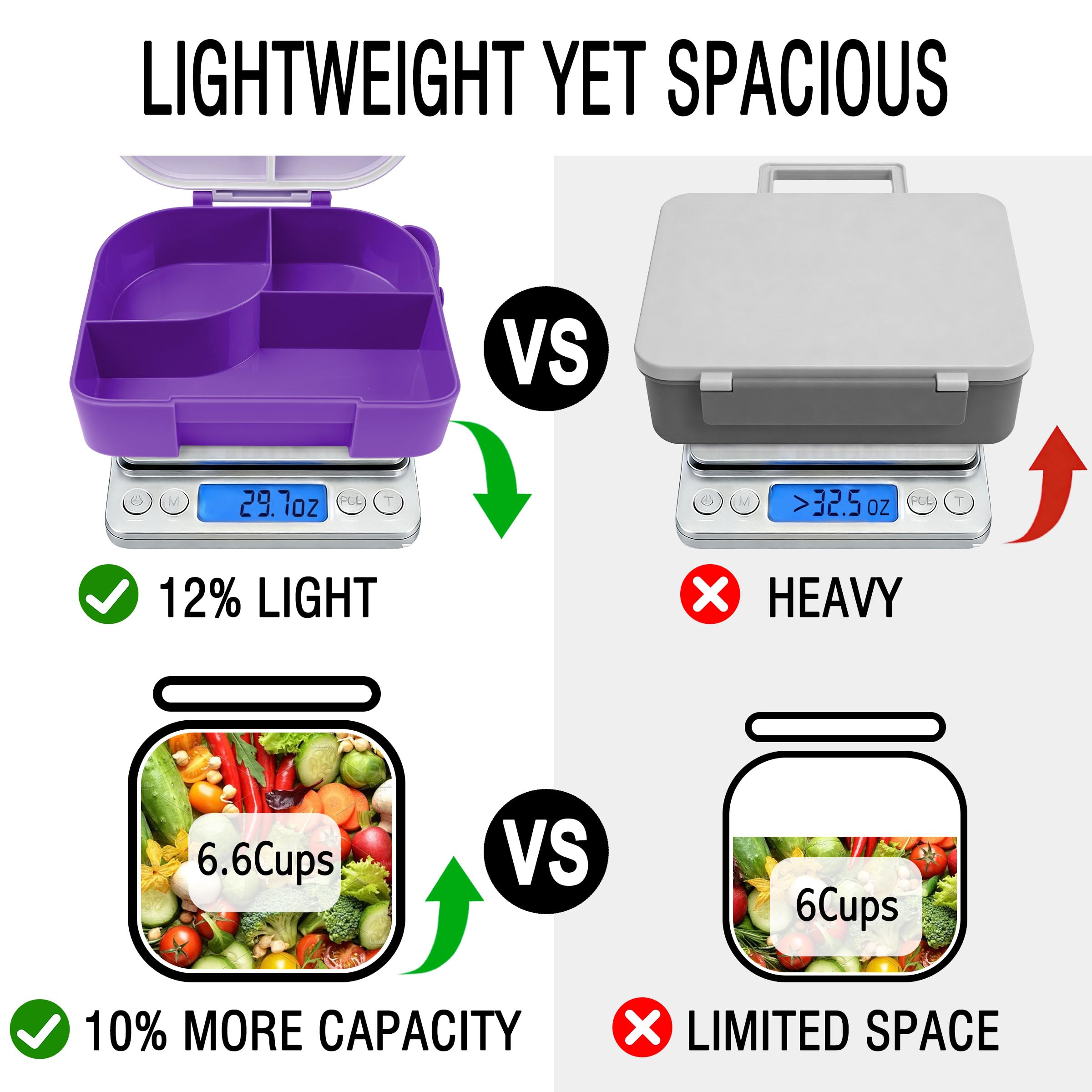 Lunch Box with Thermo Jar, Large-Capacity 3-Compartment Bento Box, Purple