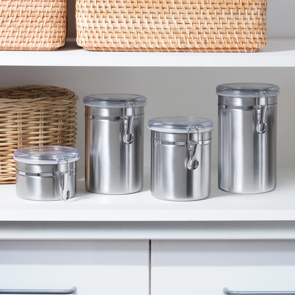 Oggi Stainless Steel Kitchen Canister 26 fl oz - Airtight Clamp Lid, Clear See-Thru Top - Ideal for Kitchen Storage, Food Storage, Pantry Storage. Size 5" x 3.5".