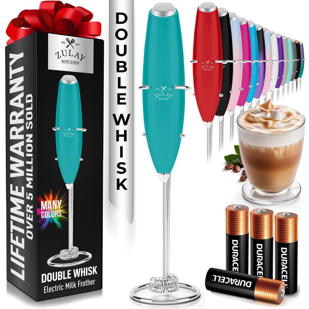 Zulay Kitchen Powerful Milk Frother Wand With Duracell Batteries - Ultra Fast Handheld Drink Mixer - Electric Whisk Foam Maker for Coffee, Lattes, Cappuccino & Matcha - Double Whisk - Caribbean Aqua
