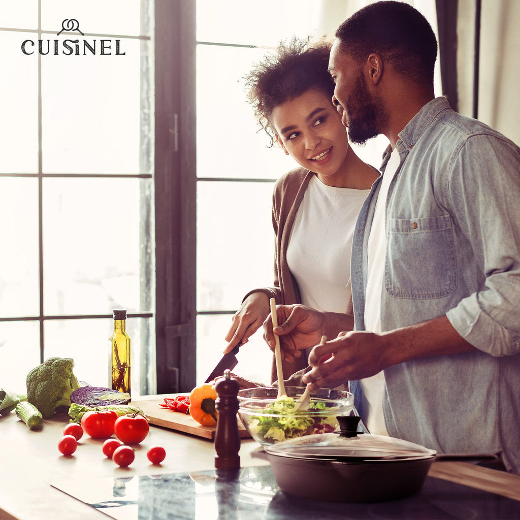 Cuisinel Cast Iron Skillet with Lid - 12"-Inch Frying Pan + Glass Cover + Silicone Handle Holder - PFAS and PFOA-free Pre-Seasoned Oven Safe Cookware - Indoor/Outdoor Use - Grill, BBQ, Fire, Stovetop