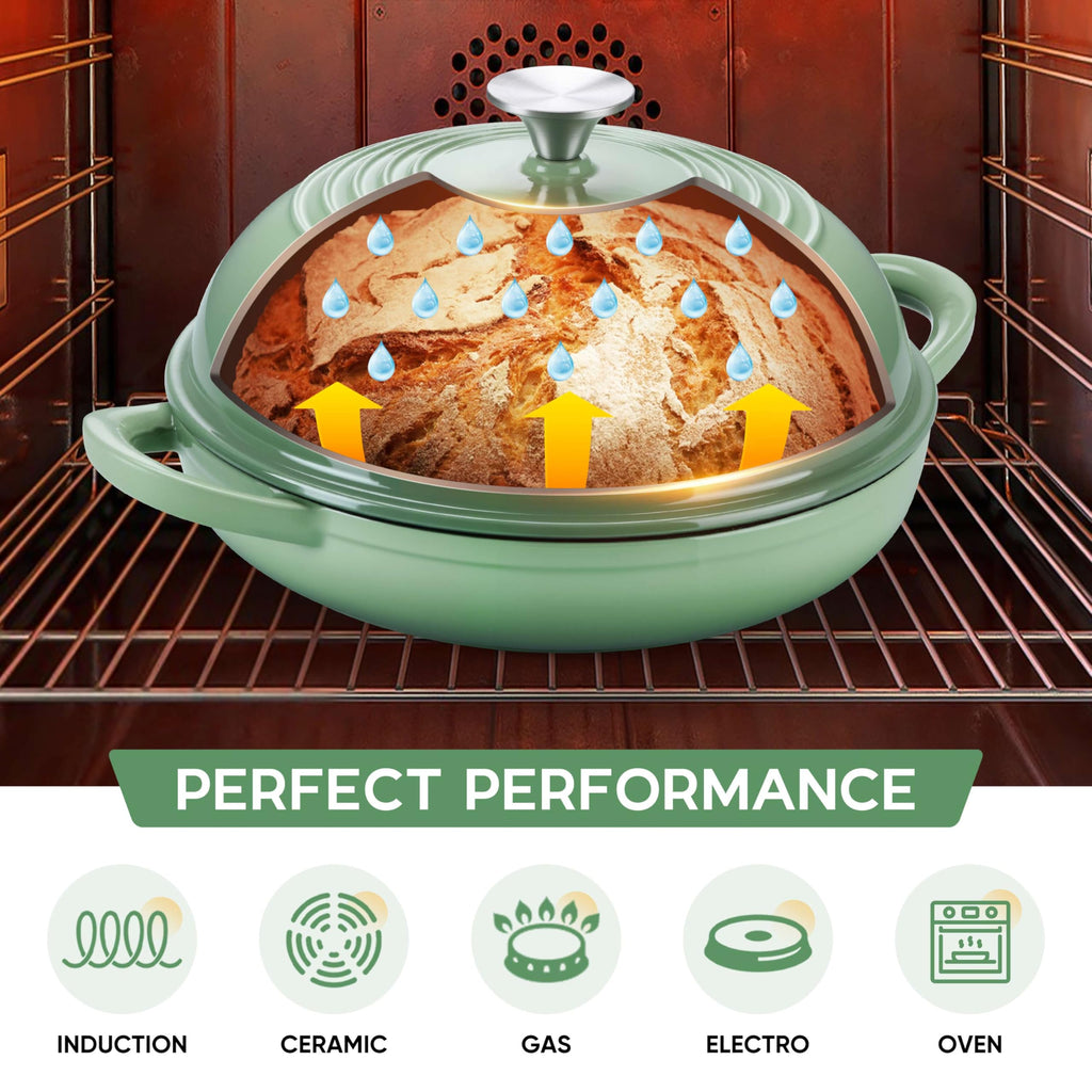 E-far Dutch Oven for Sourdough Bread Baking, 6 Qt Round Enameled Cast Iron Dutch Oven for Homemade Artisan Bread, Dome Lid & Shallow Base, Matte Black Interior & Durable, Oven-Safe to 500℉, Green