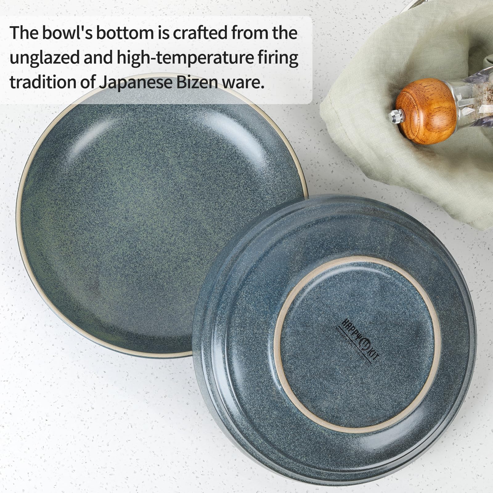 HAPPY KIT 9'' Pasta Bowls, 42oz Pasta Bowls Set of 4, Large Salad Bowl, Ceramic Serving Bowls,Double Reactive Glaze, Ideal for Housewarming, Festivals, Microwave Safe (Peacock Blue)