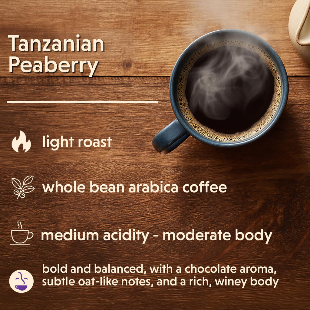 Coffee Bean Direct Tanzanian Peaberry, Whole Bean, 1lb Bag