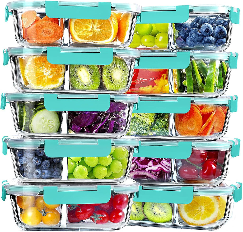 VERONES 10 PACK 30 OZ Glass Meal Prep Containers 2 Compartment Set, Green