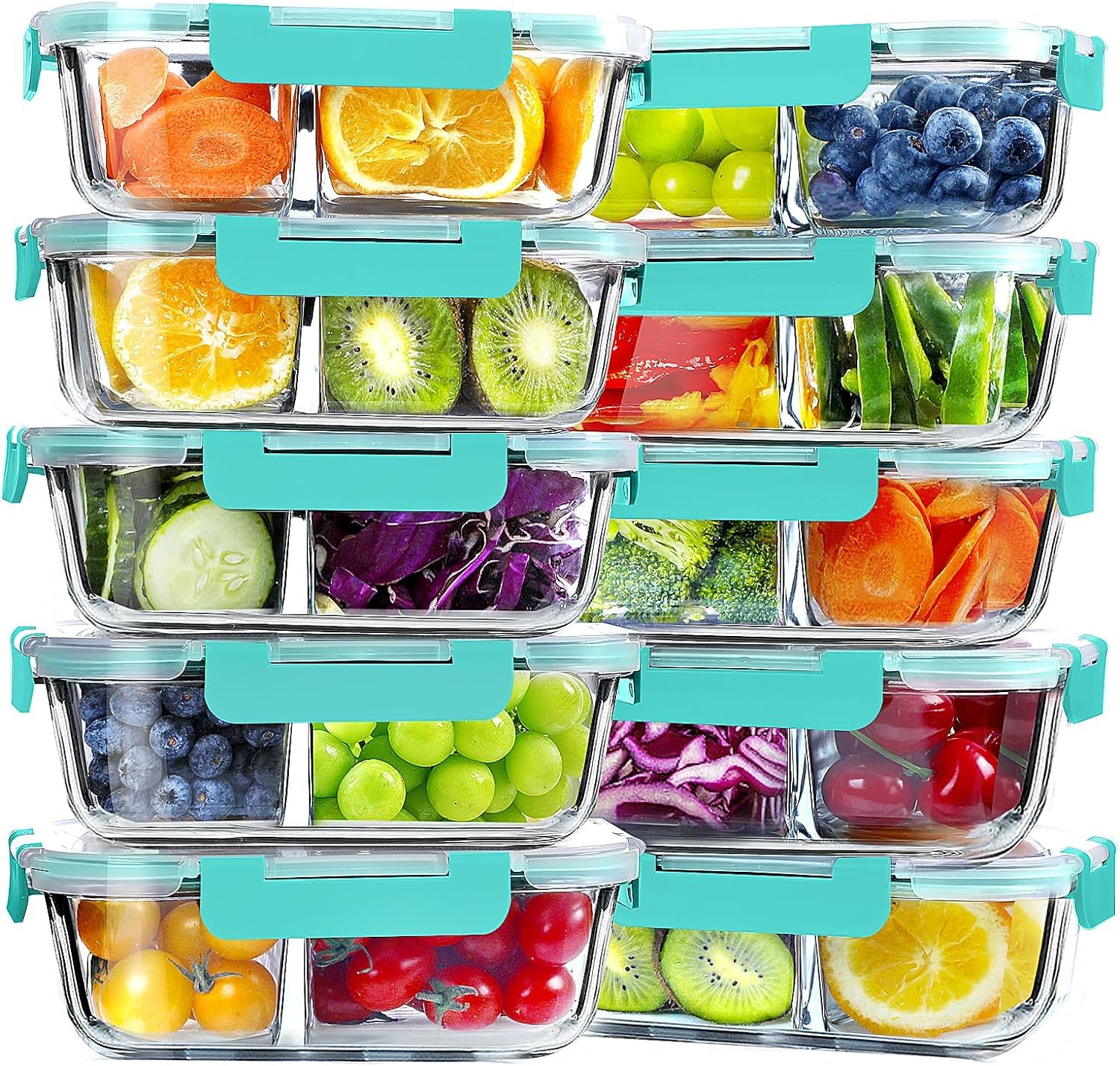 VERONES 10 PACK 30 OZ Glass Meal Prep Containers 2 Compartment Set, Green