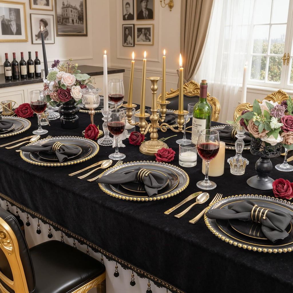 KIRE 60PCS Black Plastic Plates - Black Disposable Plates with Gold Rim - Include 30Pcs 10.25inch for Dinner and 30Pcs 7.5inch for Dessert for Wedding/Graduation/Party
