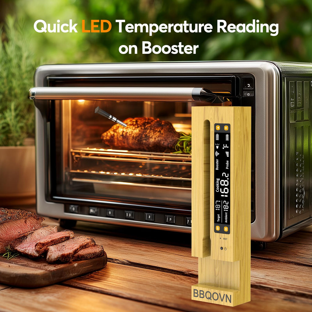 BBQOVN WiFi Sub-1G Wireless Meat Thermometer Unlimited Range 7 NIST Certified Sensors with Ambient Temp 2 Temp Monitoring Ways Digital Smart Base and App for BBQ, Smoker, Grill, Oven (Single Probe)