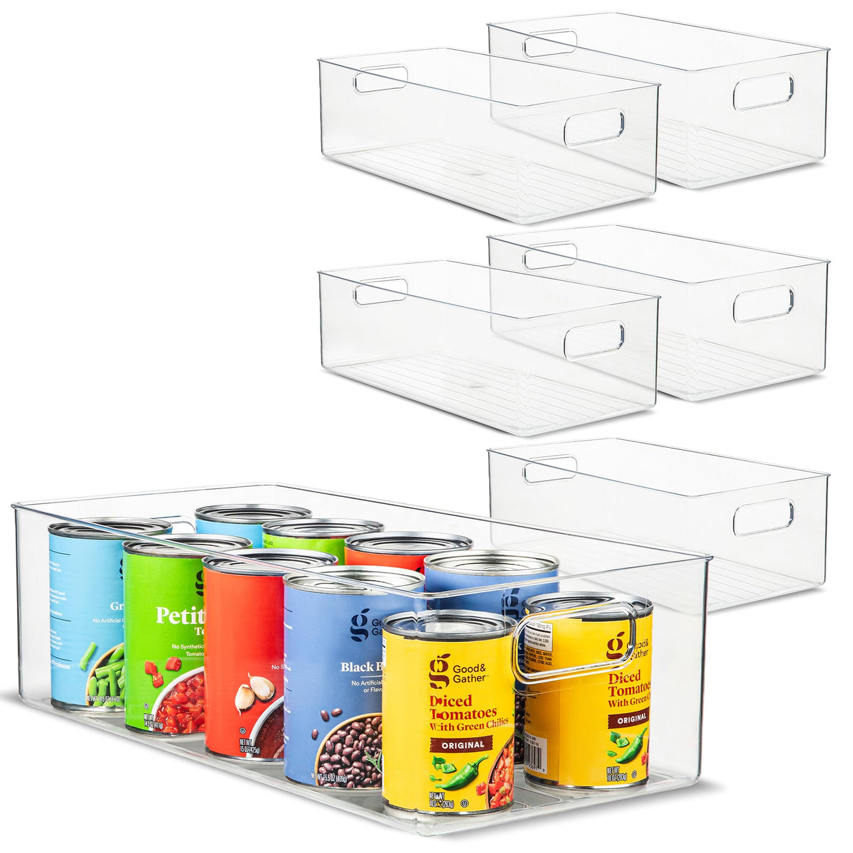 Plastic Food Storage 2 Pack Clear Container Bin with Handles for Organizing Kitchen, Pantry, Refrigerator, Freezer, Pantry, Cabinet, Closet, Bathroom. 16”x8”x5”