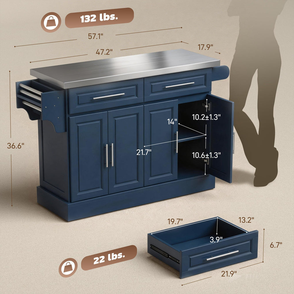 HOMCOM Rolling Kitchen Island Cart with 47" Stainless Steel Top Navy Blue