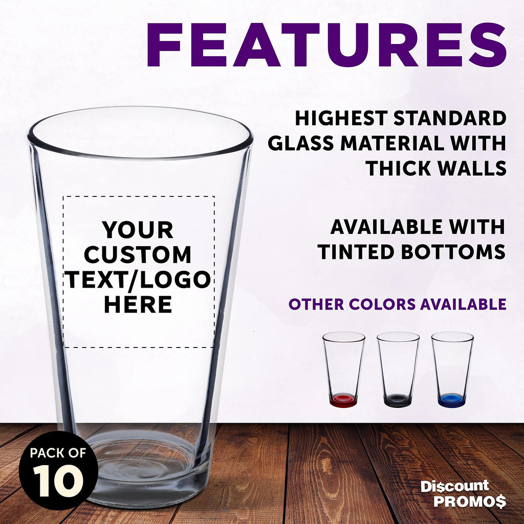 Custom Pint Glass 16 oz. Set of 10, Personalized Bulk Pack - Beer Glasses, Heavy Duty Drinkware - Clear