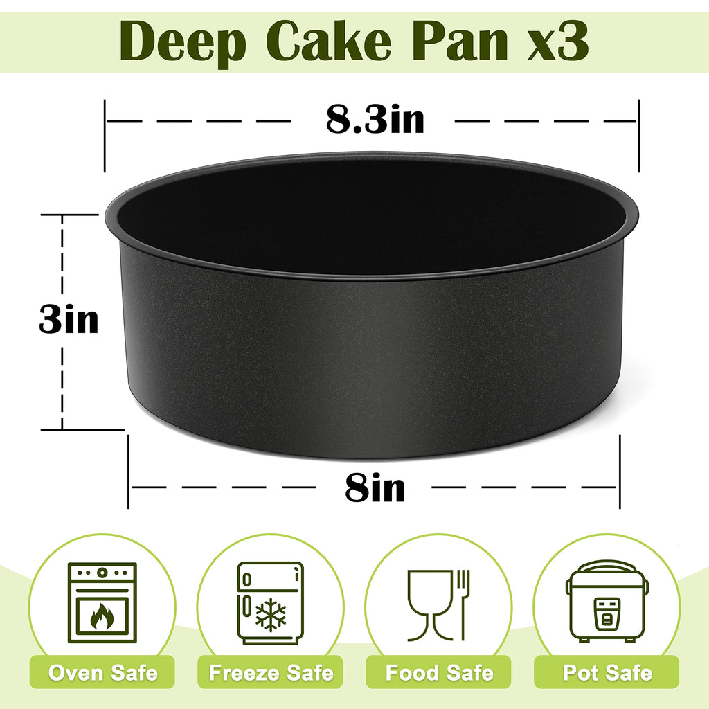 E-far 8 x 3 Inch Cake Pan Set of 3, Nonstick Stainless Steel Round Cake Pans Tin for Baking Birthday Wedding Layer Cakes, Stainless Steel Core & Non-toxic Coating, Deep & Straight Side