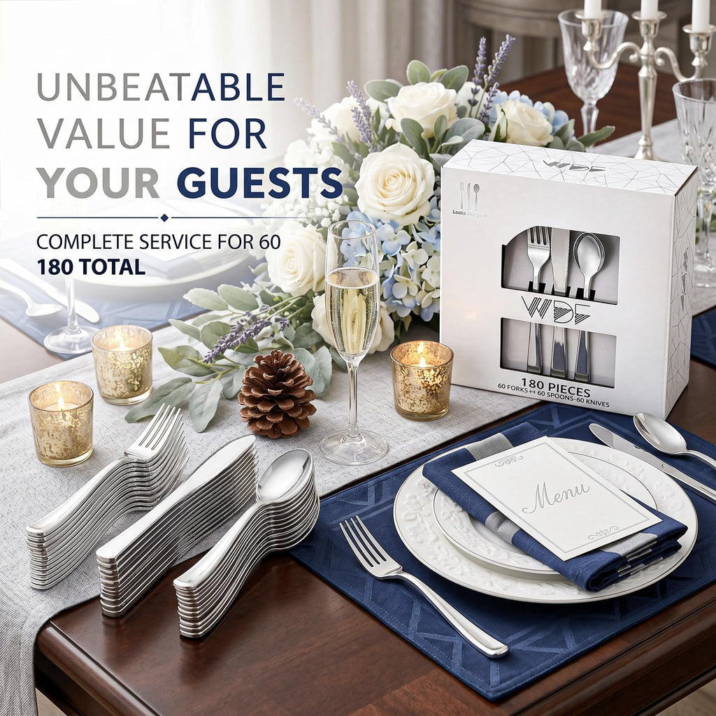 WDF 180 Pieces Silver Plastic Silverware - Silver Plastic Cutlery - Fancy Plastic Silverware Heavy Duty - 60 Forks 60 Knives 60 Spoons - Disposable Plastic Utensils Perfect for Party Wedding