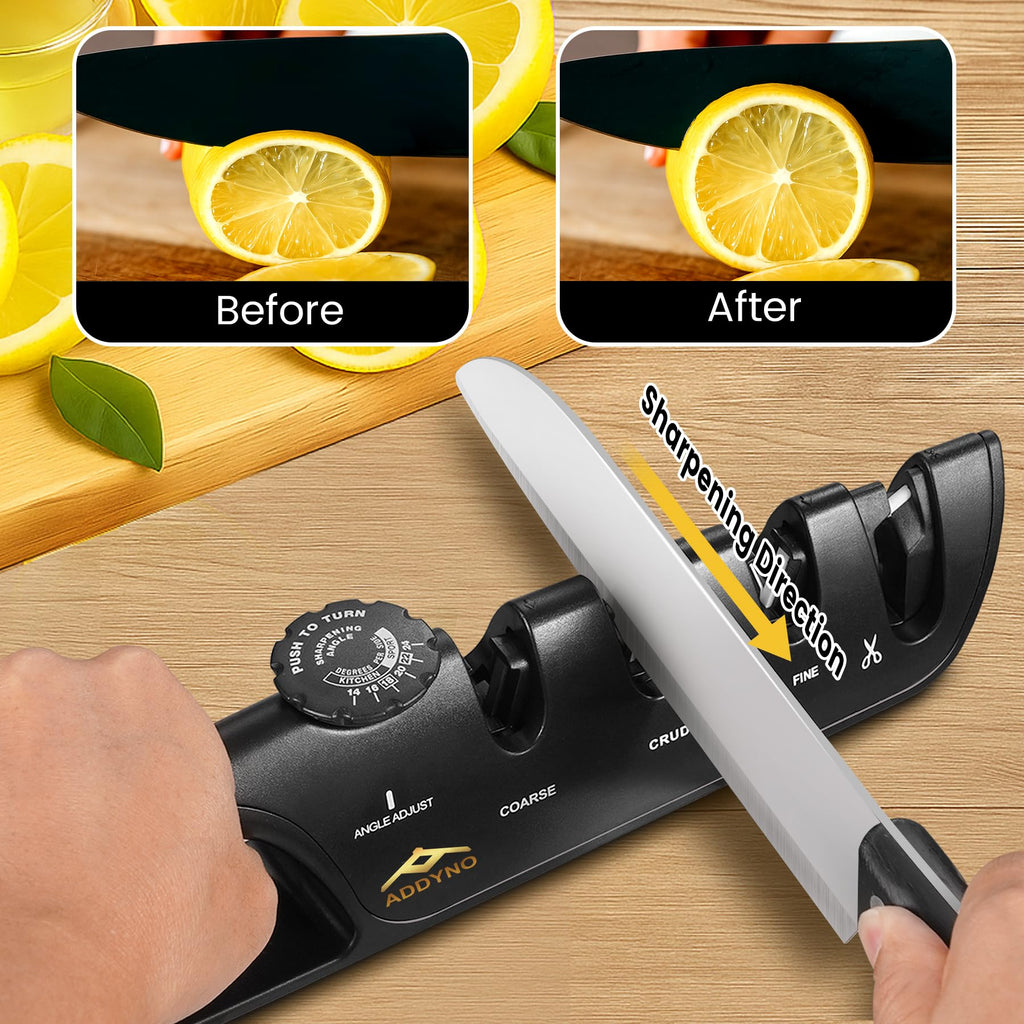 ADDYNO Knife Sharpener, Adjustable Angle 4-in-1 Kitchen Knife Sharpener, 3-Stage Coarse Sharpen Fine with Scissors Slot, Non-Slip Base Ergonomic Handle for Household Knives and Scissors