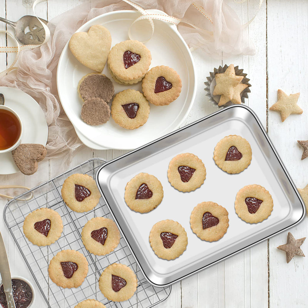 Baking Sheet with Cooling Rack Set [2 Sheets + 2 Racks], Deedro Stainless Steel Cookie Sheet Baking Pan Half Sheets Oven Tray with Rack, 10 x 8 x 1 Inch, Heavy Duty, Non-toxic, Dishwasher Safe