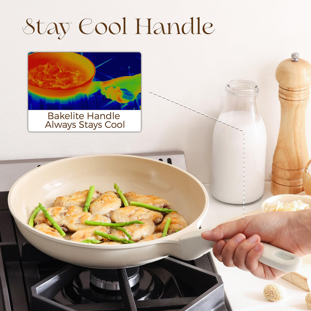 PRICUSIS Nonstick Ceramic Frying Pan, 8/10 Inch Skillet with Stay Cool Handle, Fully Coated, Induction Compatible, 100% Dishwasher Safe, PTFE PFAS & PFOA Free（10 Inch, Coconut White）