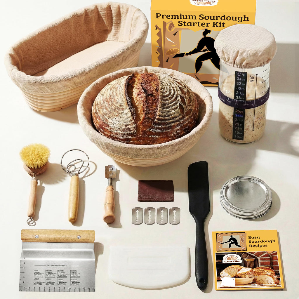 Sourdough Starter Kit – Complete Sourdough Bread Baking Supplies with 24oz Glass Sourdough Starter Jar, 9” Round & 10” Oval Banneton Proofing Basket Set, Sourdough Tools – Artisan Gift for Bakers