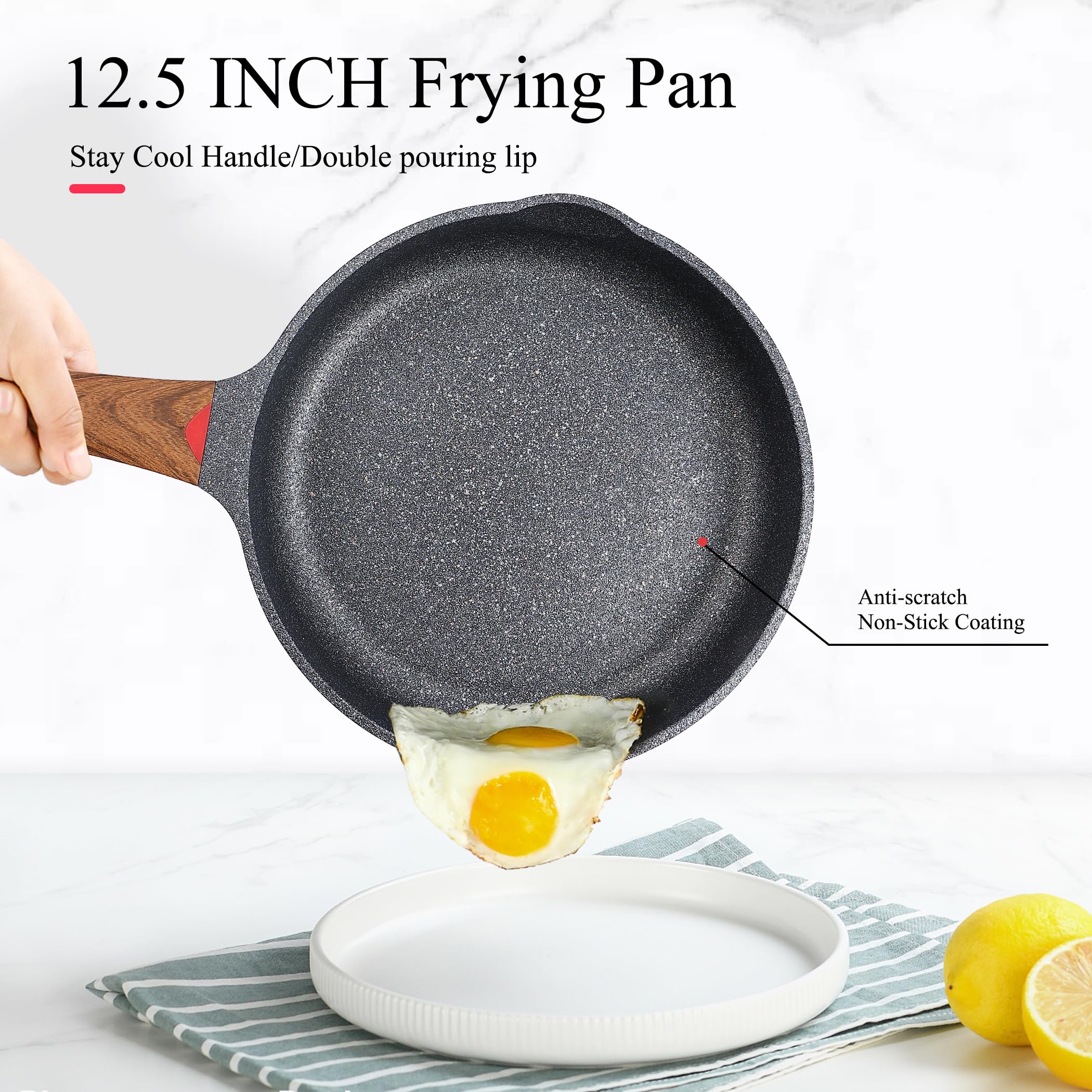 Vinchef 12.5" Non Stick Frying Pans, Skillet with Lid Used for All Stoves, Induction Non Toxic Cookware, Cooking Pans Nonstick Capable of Kitchen