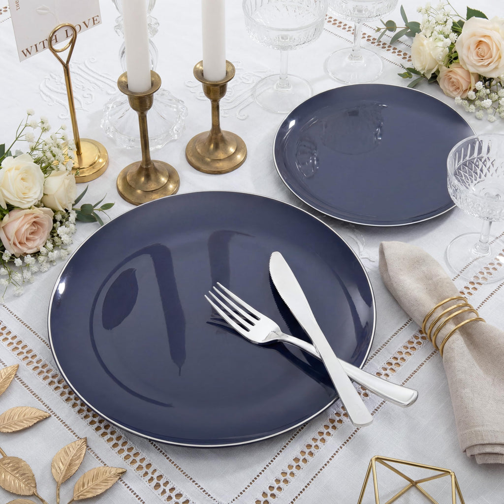 KIRE 200PCS Blue Plastic Plates with Silver Rim - Navy Blue Plastic Plates Include 100 Dinner & Dessert Plate - Heavy Duty Dark Blue Disposable Plate for Wedding/Parties