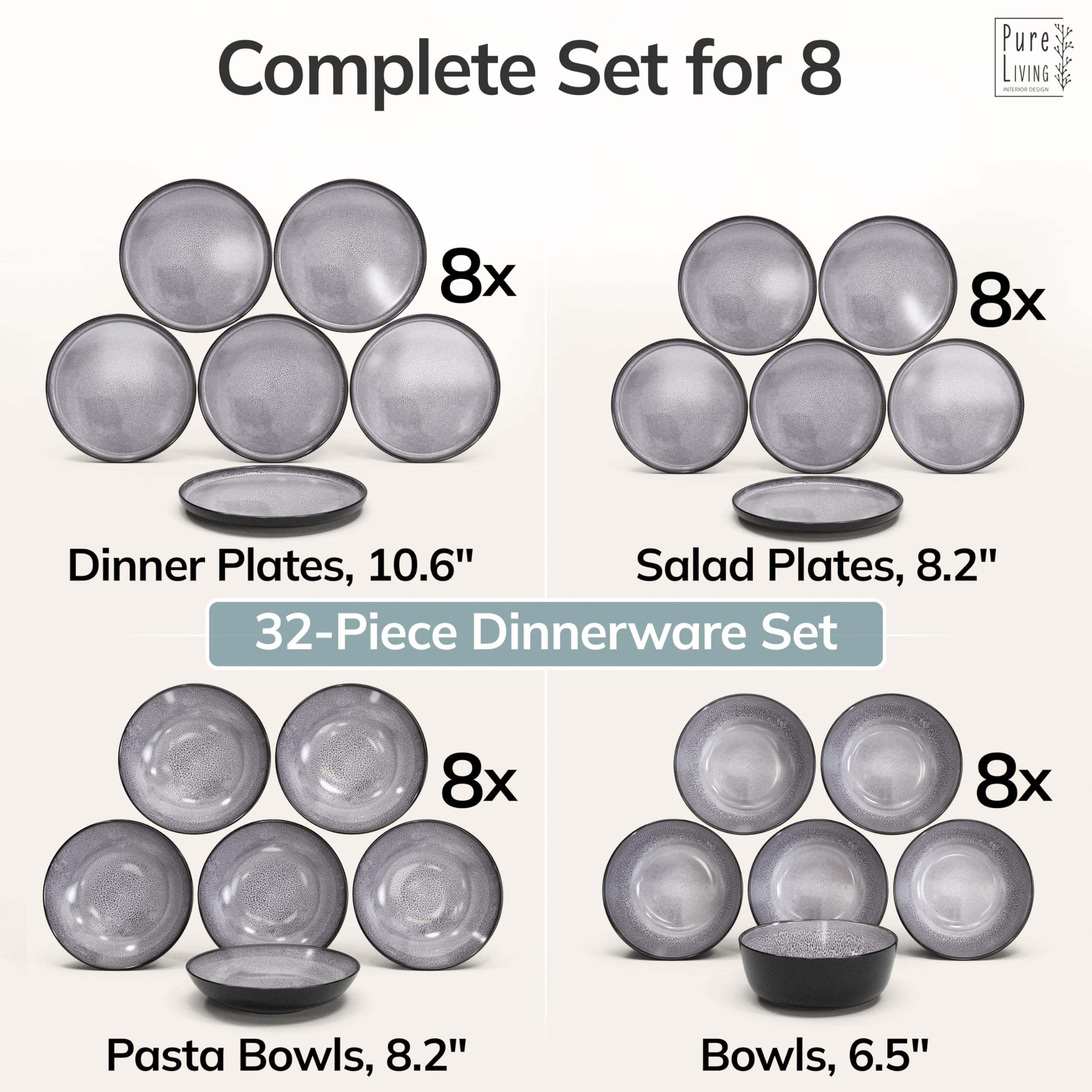 32 Piece Stoneware Dinnerware Set for 8 - Handmade Reactive Glaze Plates and Bowls Set - Chip & Scratch Resistant Dish Set - Dishwasher Microwave Safe - Dark Gray