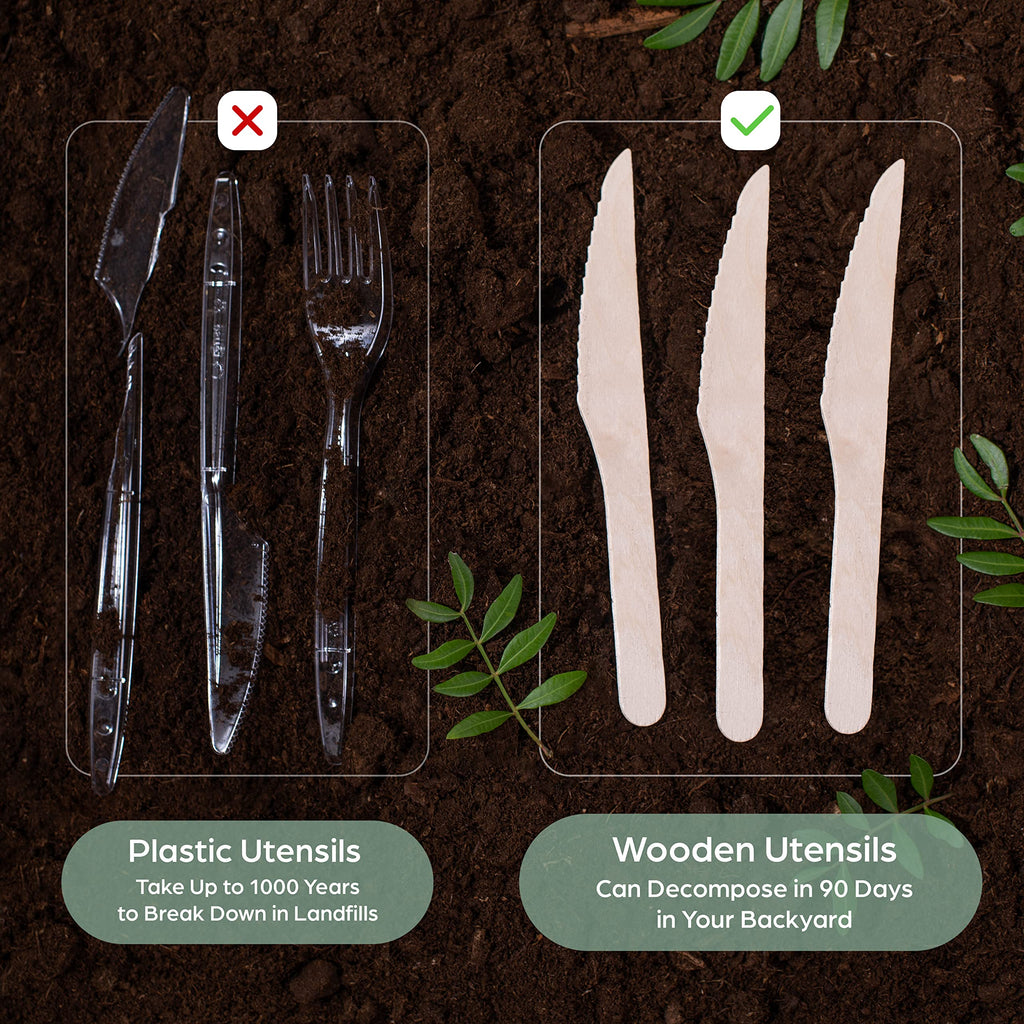 PURPLECLAY Wooden Knives Disposable – 300 Piece Wood Compostable Knives, Eco-Friendly Biodegradable Cutlery Set, Charcuterie Accessories Disposable, Wooden Knife for Parties, Plastic-Free Utensils