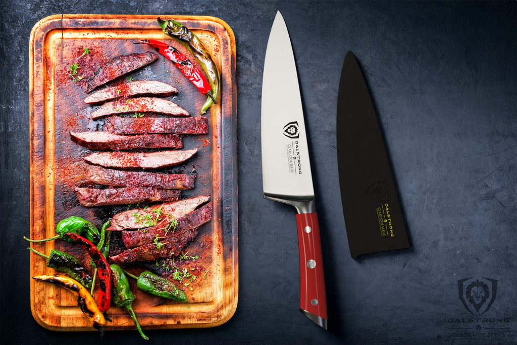 Dalstrong Chef Knife - 8 inch Blade - Gladiator Series - Forged High Carbon German Steel - Razor Sharp Kitchen Knife - Professional Full Tang Knives - Crimson Red Handle ABS - Sheath - NSF Certified