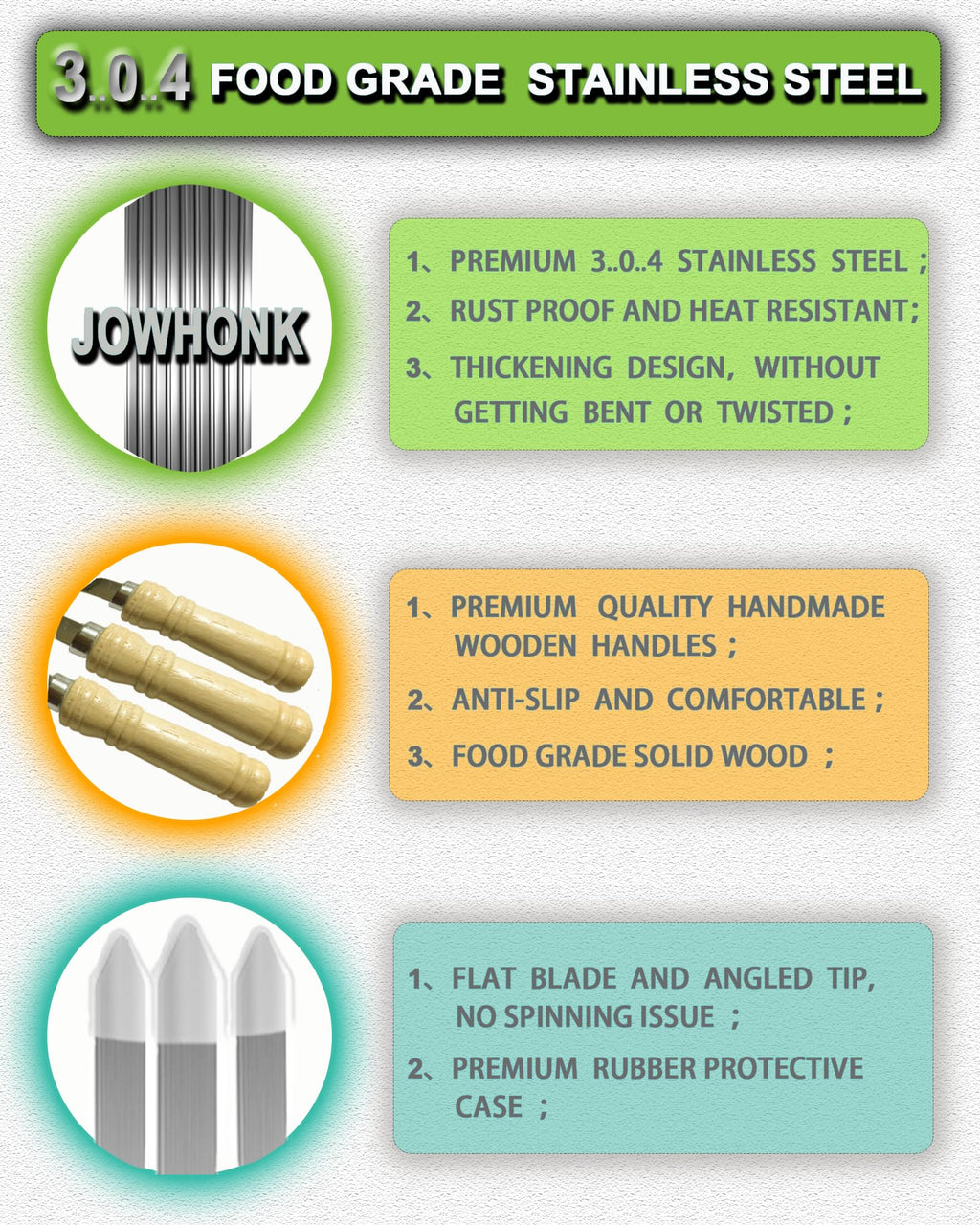JOWHONK 21.5 inch Long Flat Skewers for Kabobs (12 PCS),0.4" Wide 304 Stainless Steel Barbecue Kebab Skewers for Grilling with Wood Handle,Durable for BBQ Metal Kabob Skewer Sticks for Outdoor