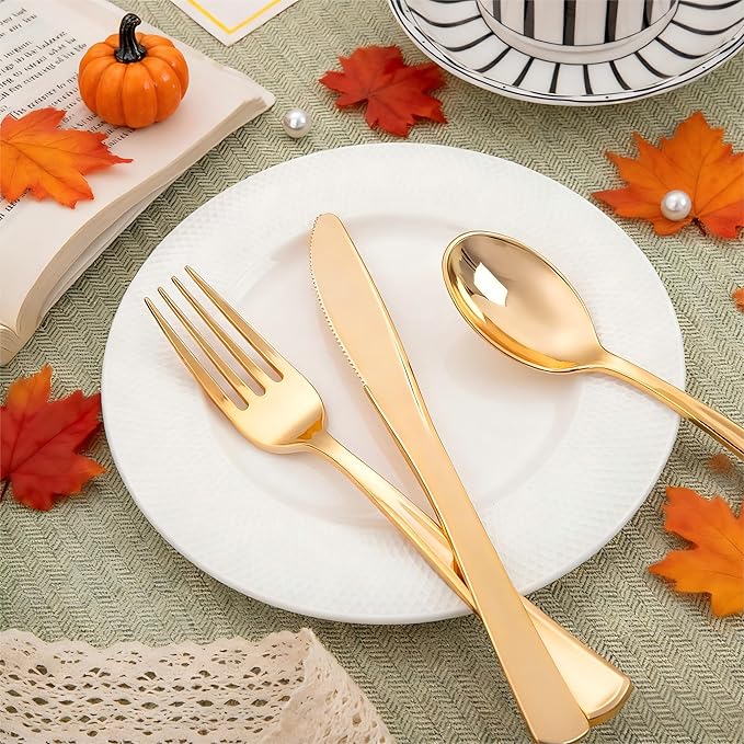 Liacere 100Pack Pre Rolled Gold Silverware and Napkin-Disposable Gold Plastic Utensils-Wrapped Plastic Cutlery Set with Napkin:100 Forks,100 Knives,100 Spoons,100 Napkins for Wedding&Thanksgiving