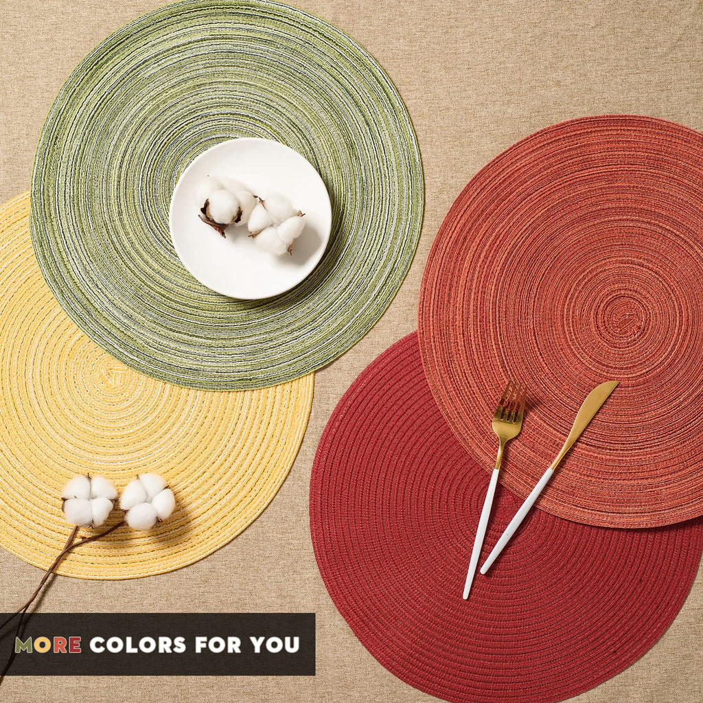 FunWheat Round Braided Placemats Set of 6 Place mats for Dining Tables Woven Heat Resistant Table Mats 15 inch for Fall(Orange)