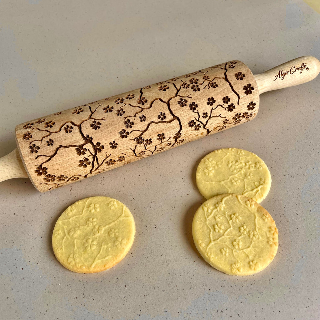 SAKURA TREE Embossing Rolling Pin with Blooming Sakura Flowers Pattern. Dough and Clay Roller for Embossed Cookies Fondant Pottery. Cookie and Ceramic Stamp. Backing Gifts for Women by Algis Crafts