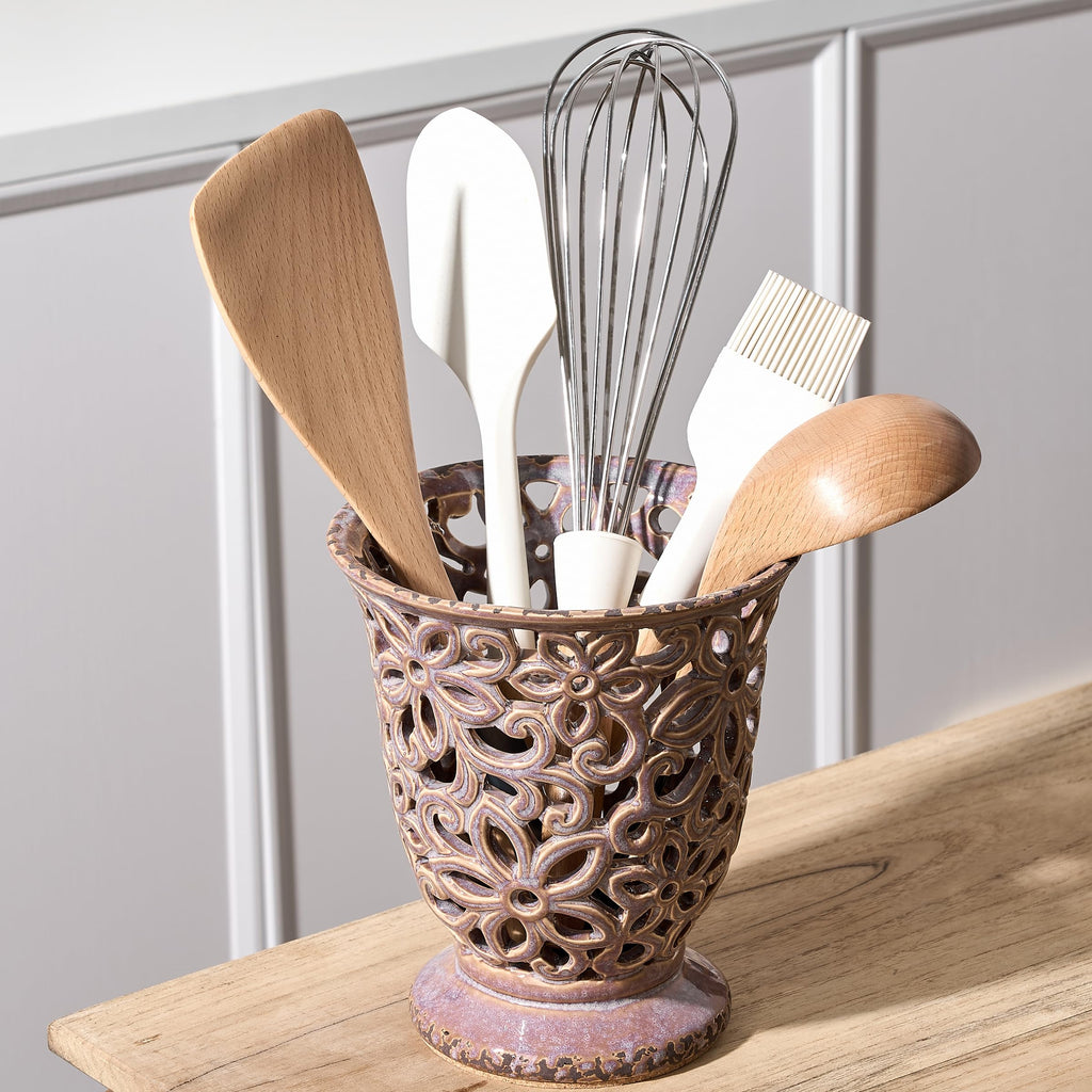 Utensil Holder for Kitchen Counter, Modern Farmhouse Cooking Utensil Holder and Crock Home Kitchen Decor, Ceramic Utensil Organizer for Spatula, Ladle, Eggbeater, Rolling Pin- Kiln-Transformed Purple