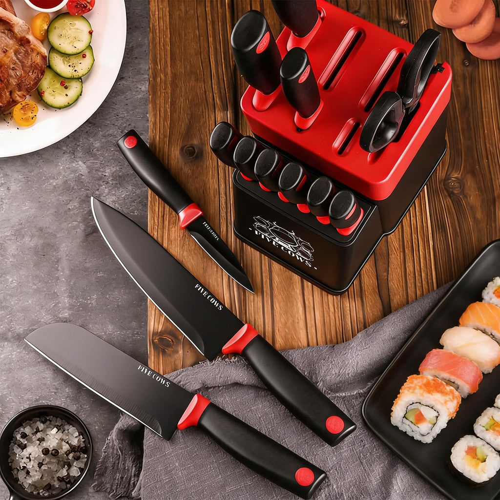 14 Pcs Kitchen Knife Block Set with Sharpener German High Carbon Stainless Steel Chef Knives, Razor-Sharp & Durable, Lightweight Anti-Slip Handle, Professional Set for Home & Kitchen (Red)