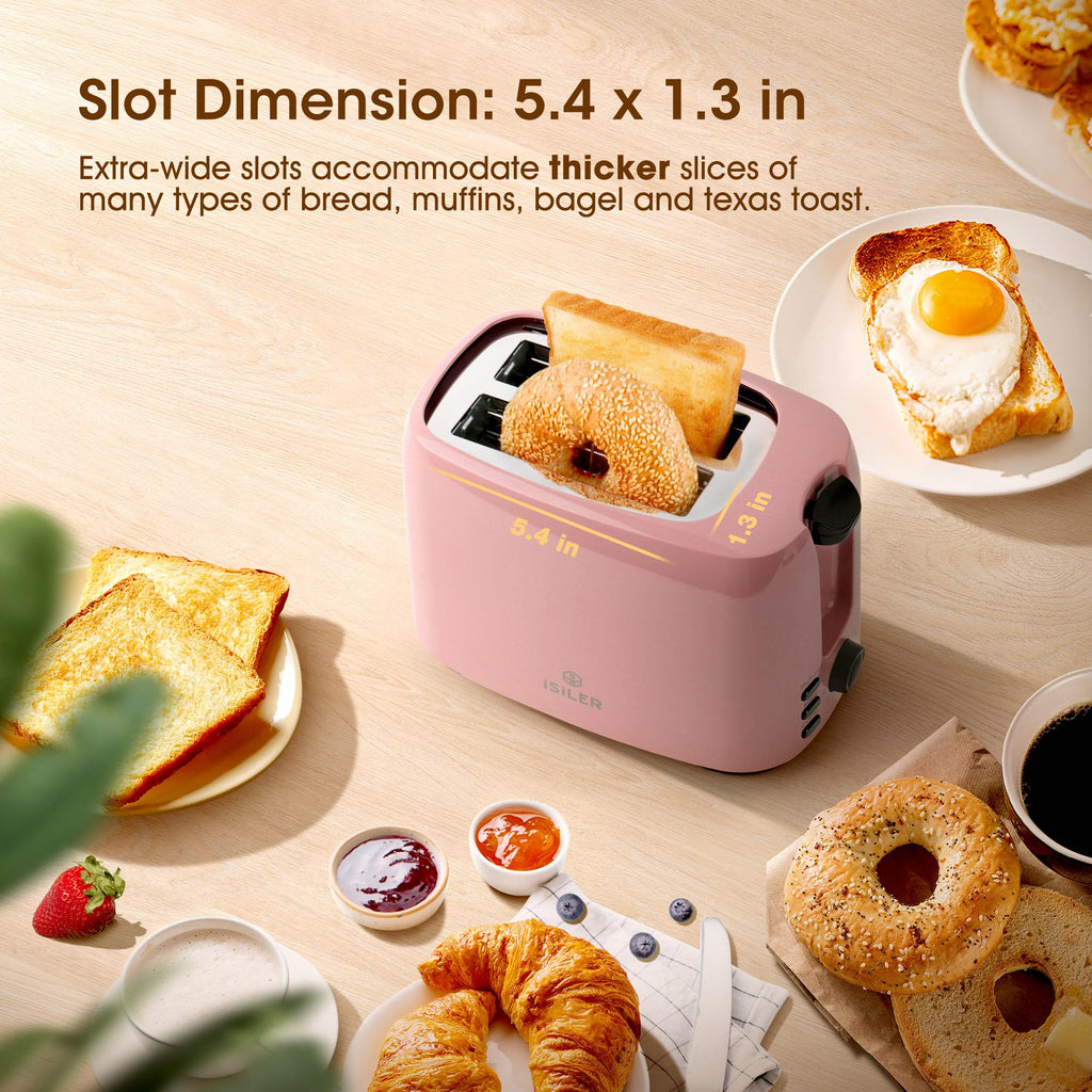 iSiLER 2 Slice Toaster, 1.3 Inches Wide Slot Bagel Toaster with 7 Shade Settings and Double Side Baking, Removable Crumb Tray, Defrost Cancel Function Pink